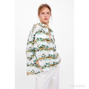 Zara Women Palm Tree Hawaii Aloha‎ Print Boxy Shirt Relaxed Vacation Cotton XS